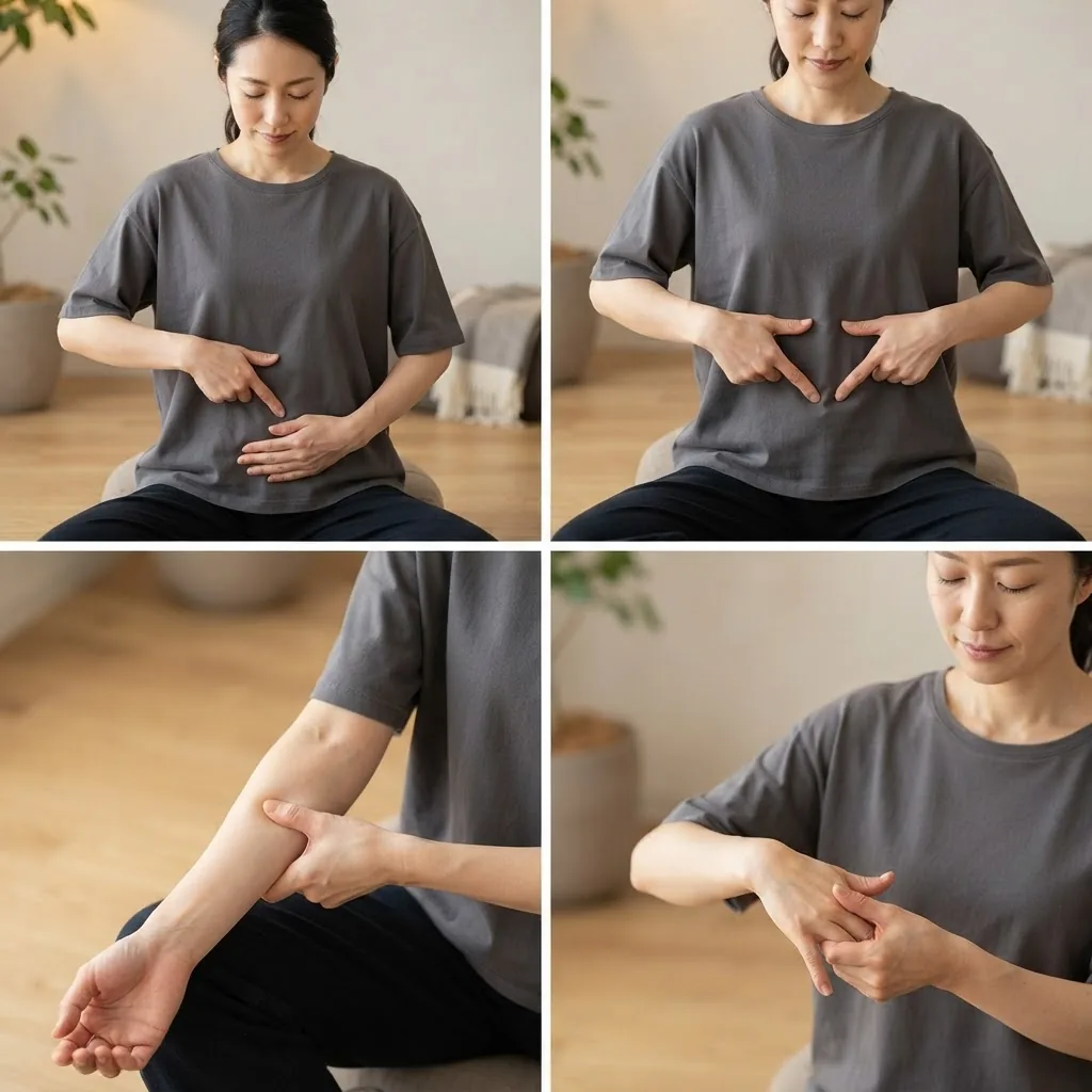 series showing an adult performing self-acupressure on the abdomen and forearm areas, illustrating finger placement and pressure technique,