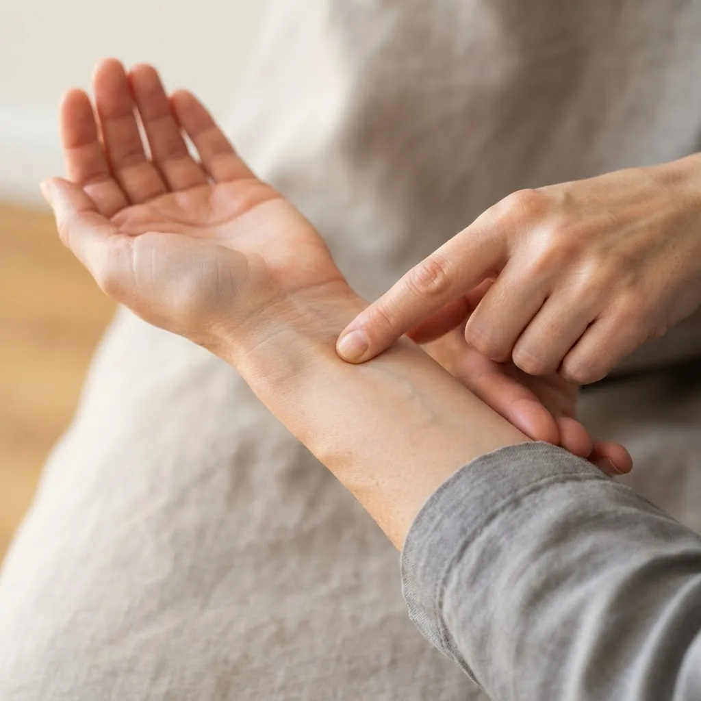 a relaxed adult hand pressing lightly on the inner forearm near the wrist of the opposite arm, demonstrating locating the P6 (Neiguan)