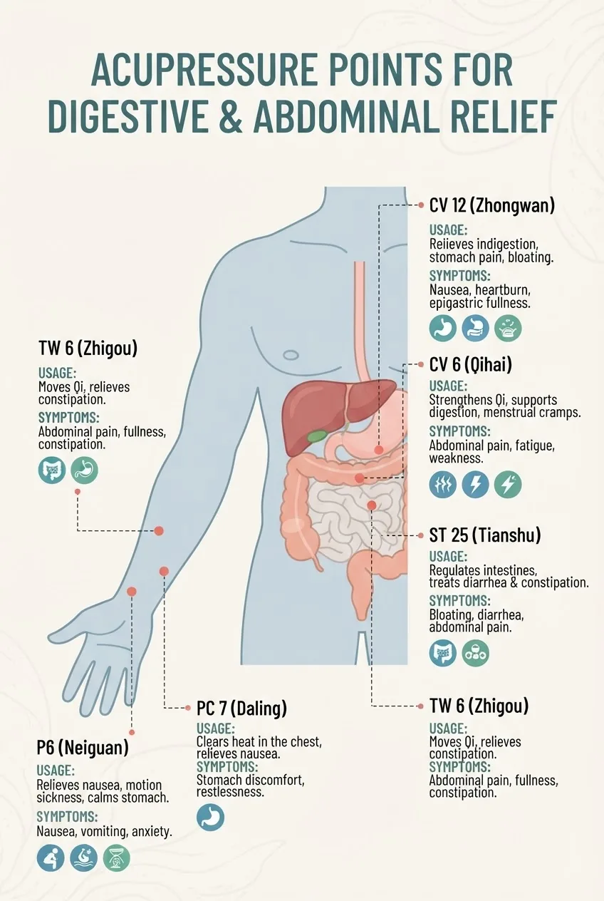 A clean infographic featuring the human torso and arm silhouette with labeled abdominal and arm acupressure points (P6, ST36, CV12,