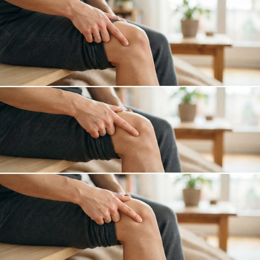 A series of three hands-on images arranged vertically showing step-by-step finger pressure application on knee acupressure points:
