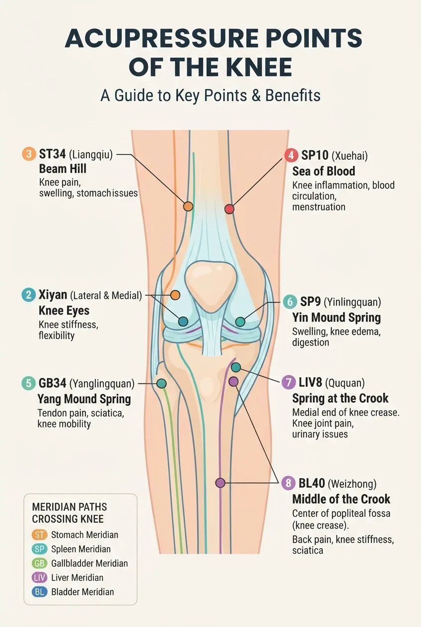 Infographic showing a detailed, annotated diagram of the knee with 6–8 key acupressure points marked, including labels of point names
