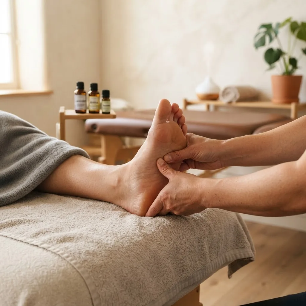Photo showing a relaxed foot and ankle resting on a soft surface with a therapist’s hands performing acupressure, warm lighting, clinical
