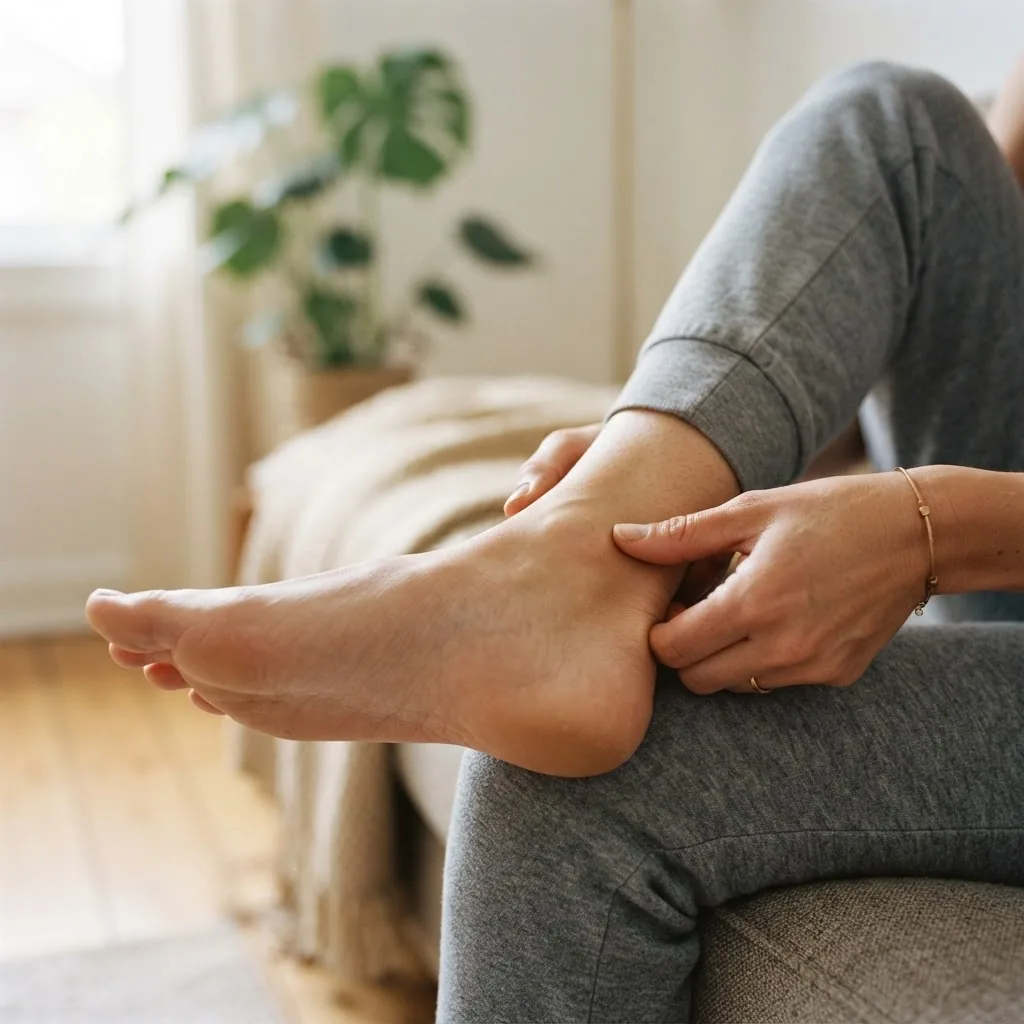 Close-up photo of a person using fingertips to apply pressure on the side of their ankle, natural indoor lighting, clear focus on hand