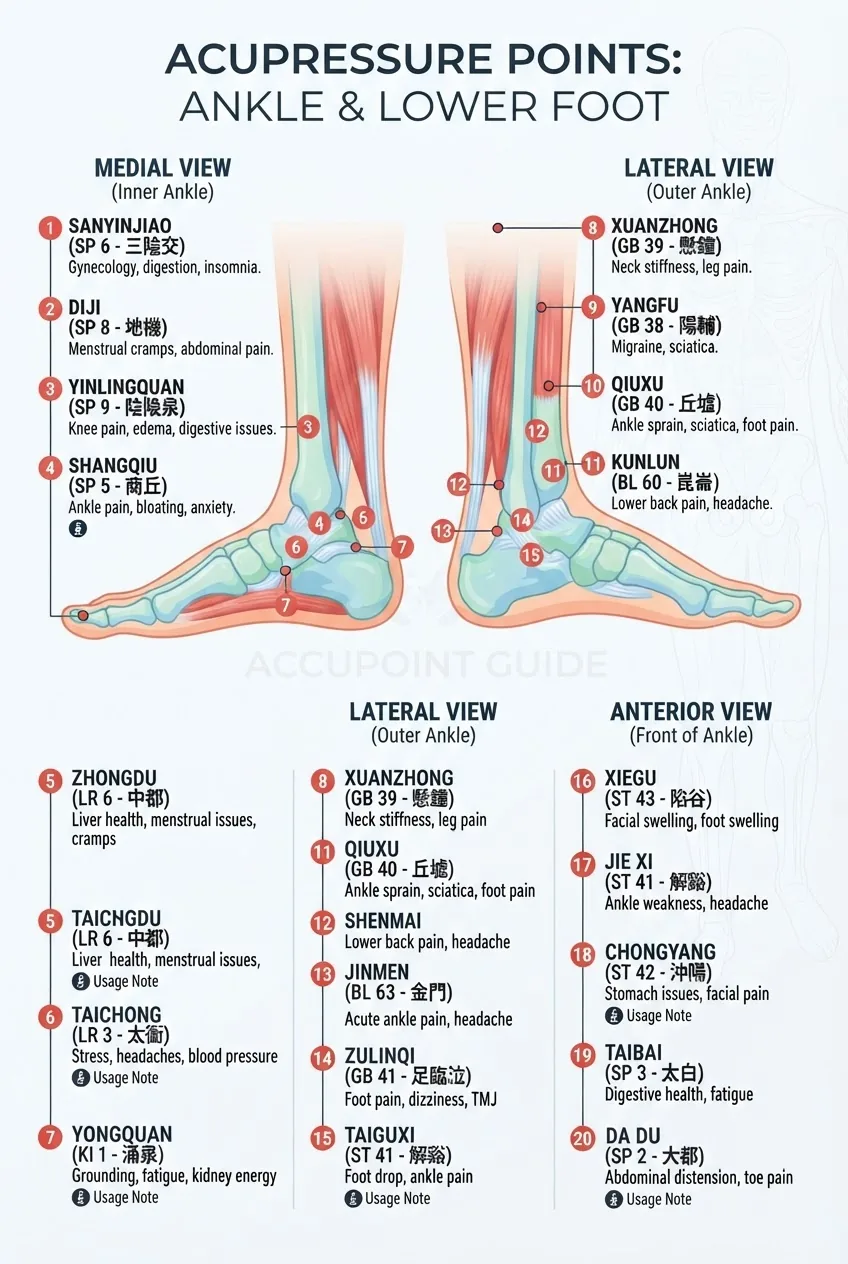 A detailed, colorful infographic illustrating acupressure points on the ankle and lower foot, showing front and sides with numbered points,