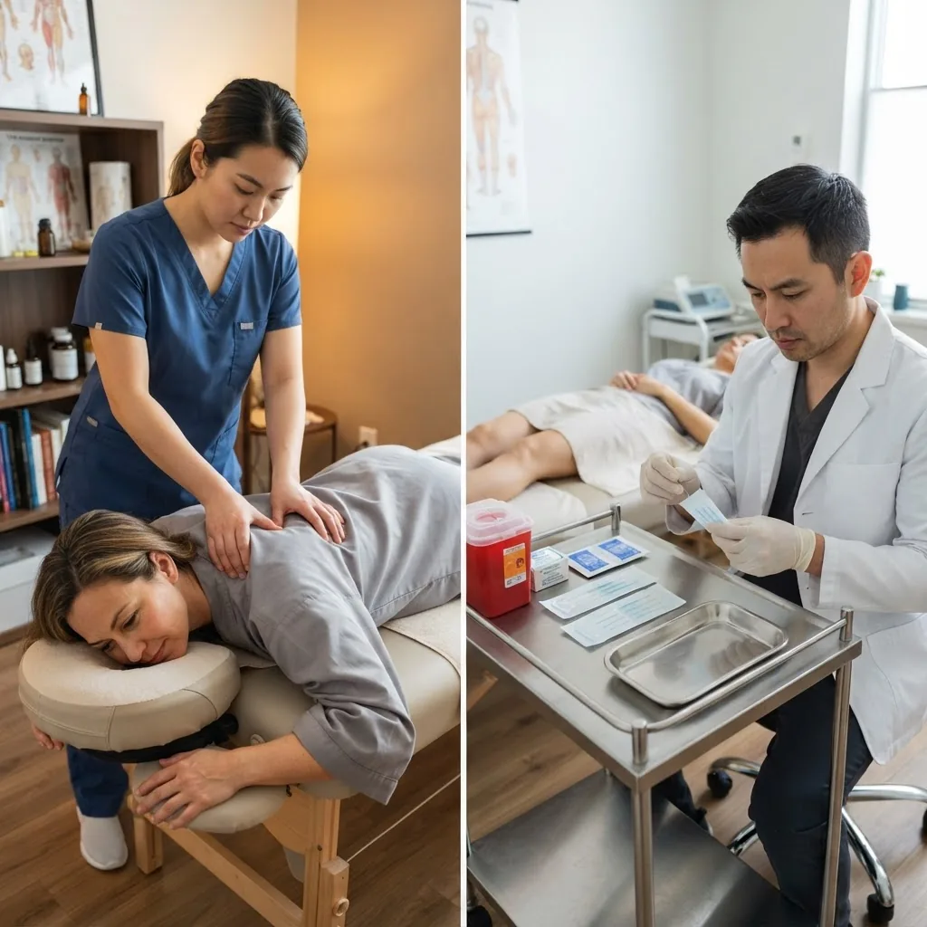 Side-by-side depiction of two therapy sessions: one showing an acupressure practitioner using finger pressure on a client’s back, the other