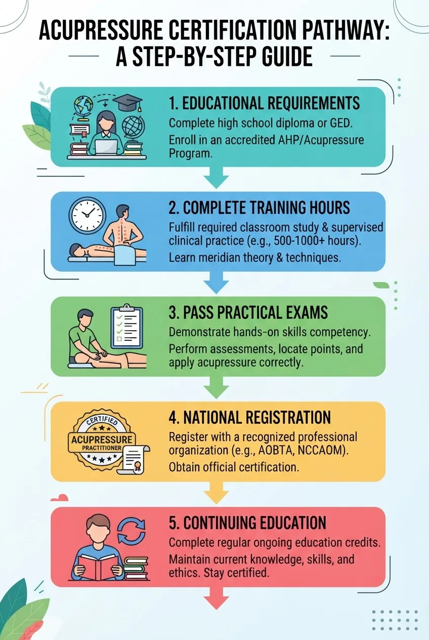 illustrates the acupressure certification pathway: education requirements, training hours, practical exams, national registration, and