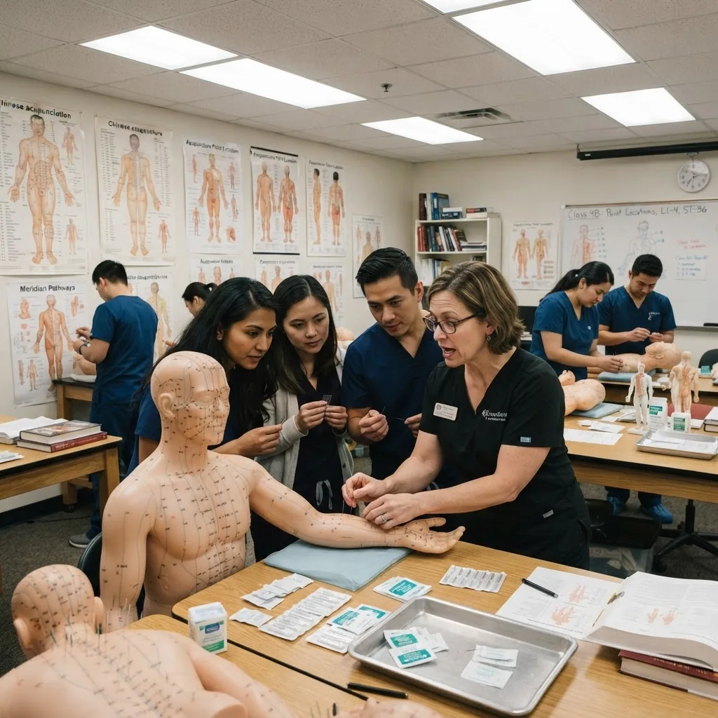 classroom environment with adult students learning acupuncture on practice dummies, instructor demonstrating proper needle placement,