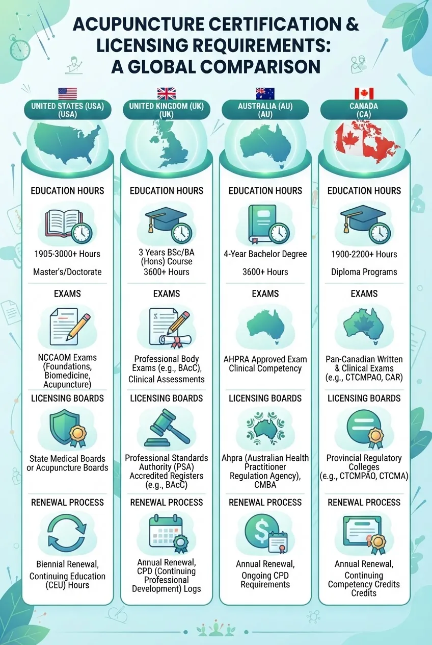 A clear infographic comparing acupuncture certification and licensing requirements across 3-4 regions or countries, with columns listing