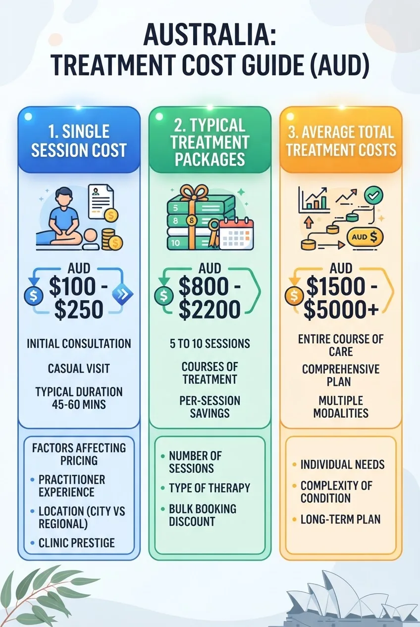 with three columns showing cost ranges for single sessions, typical treatment packages (5-10 sessions), and average total treatment costs