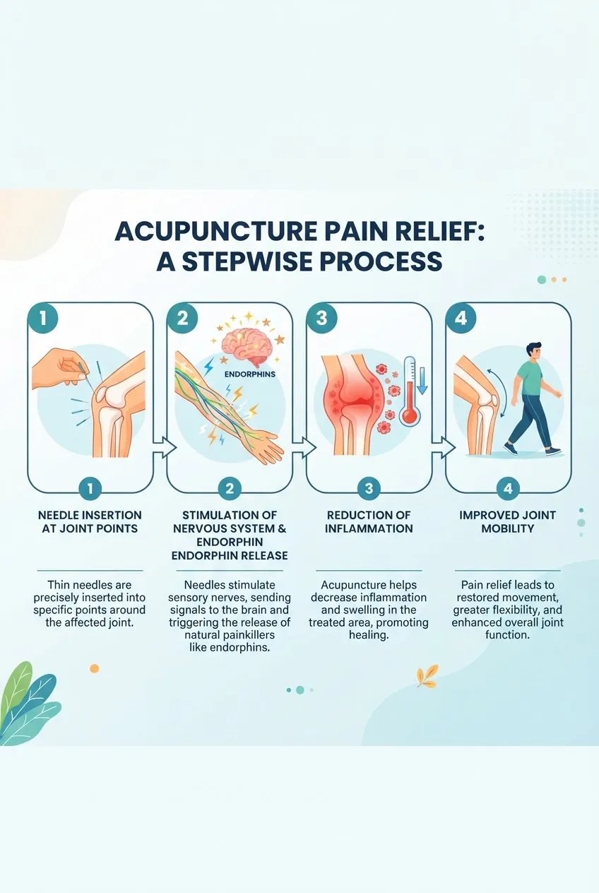 shows a stepwise process of acupuncture pain relief: 1) Needle insertion at joint points, 2) Stimulation of nervous system and endorphin
