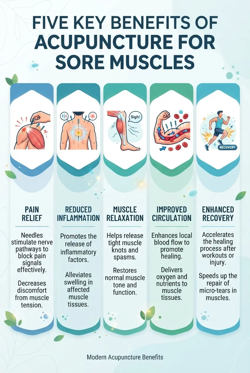 illustrates five key benefits of acupuncture for sore muscles in vertical sections, each with a simple icon and two-line description: Pain