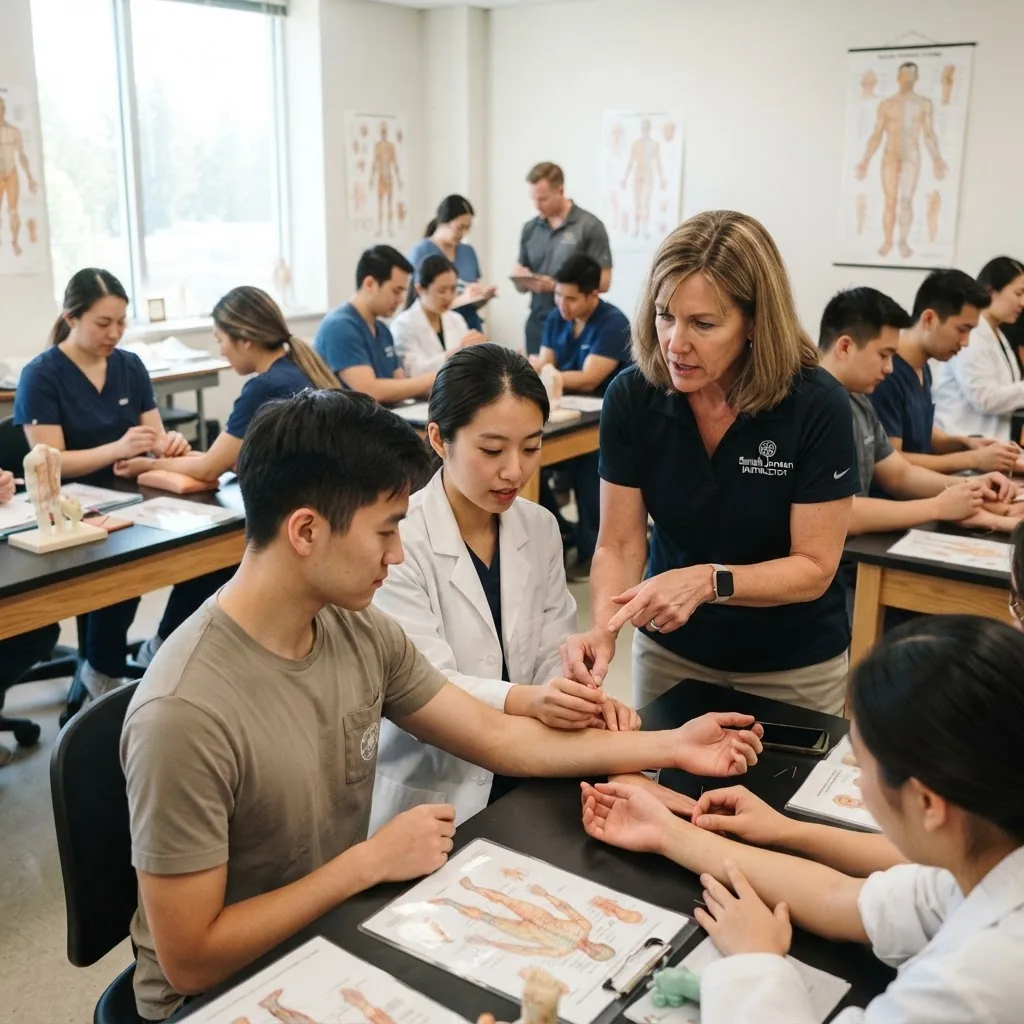 a hands-on acupuncture training session in a classroom setting showing students practicing needle techniques under instructor supervision,