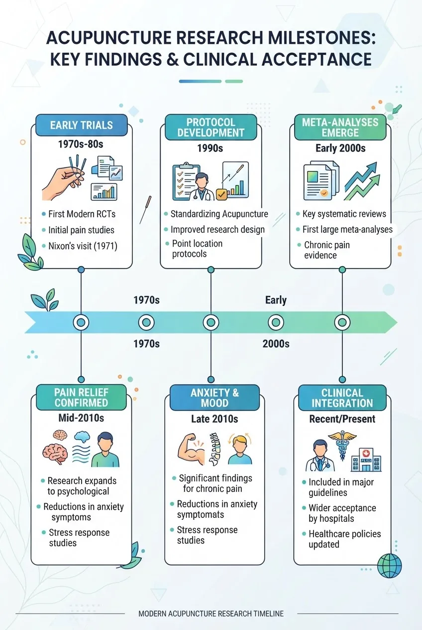 illustrating the timeline of major acupuncture research milestones including randomized controlled trials, meta-analyses, and key efficacy