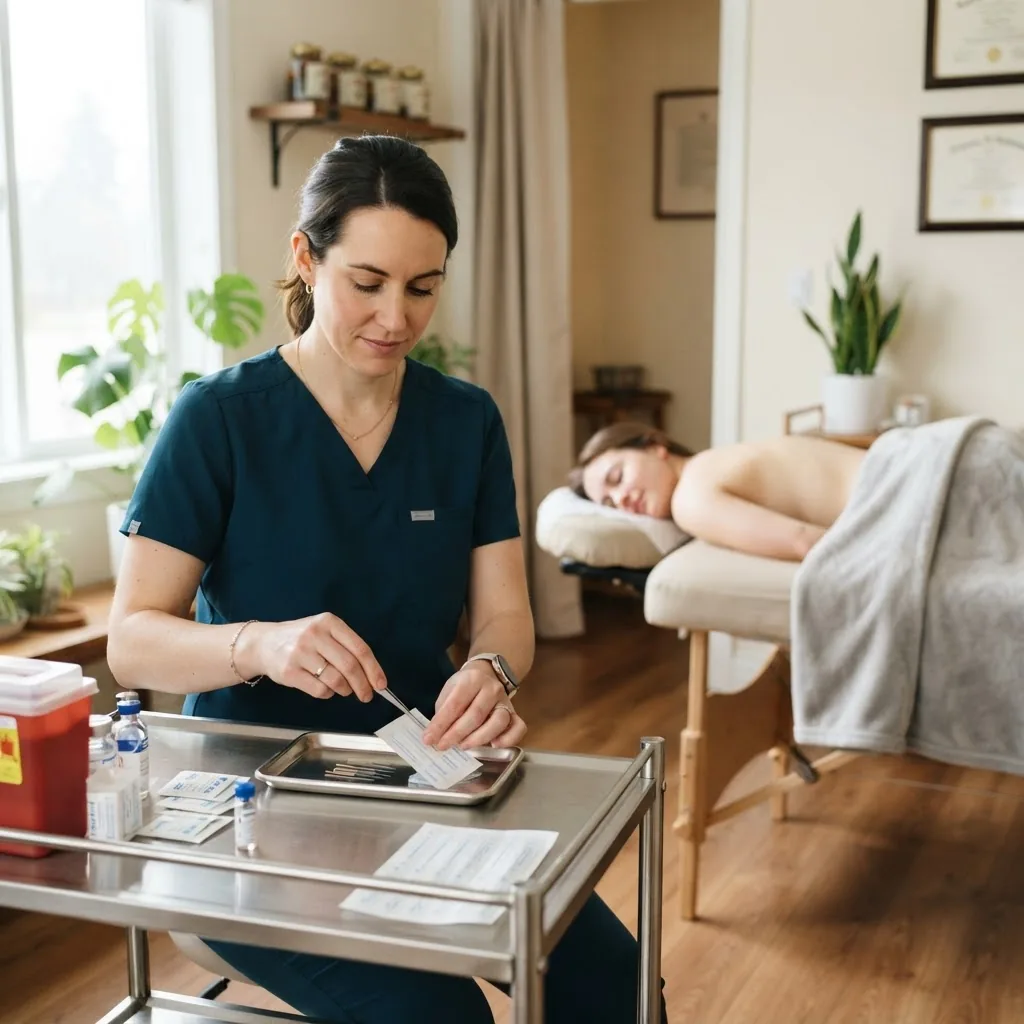 professional acupuncturist preparing acupuncture needles in a clean, bright clinic room, focused and calm facial expression, natural