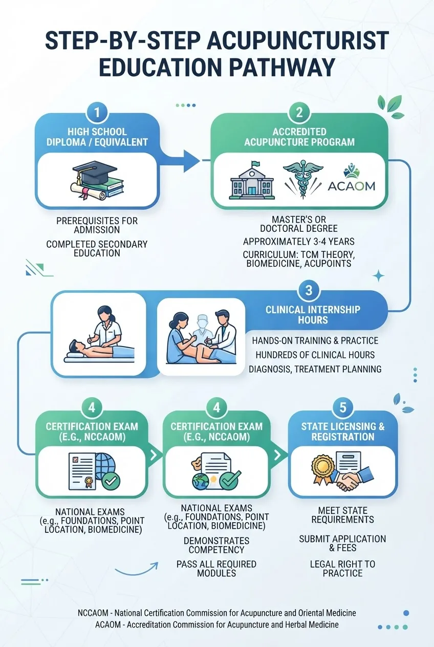 Infographic showing a stepwise flowchart of acupuncturist education pathway: starting with high school diploma, progressing to accredited