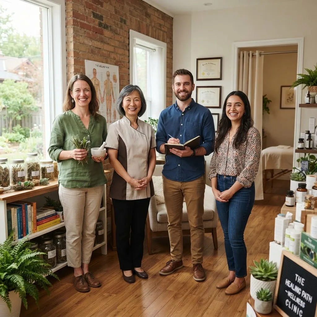 Diverse group of alternative medicine professionals including an herbalist, acupuncturist, and integrative health counselor, standing