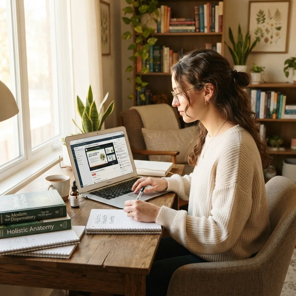 A modern student studying at a desk with laptop open, textbooks on holistic health and herbal medicine visible, warm natural lighting,