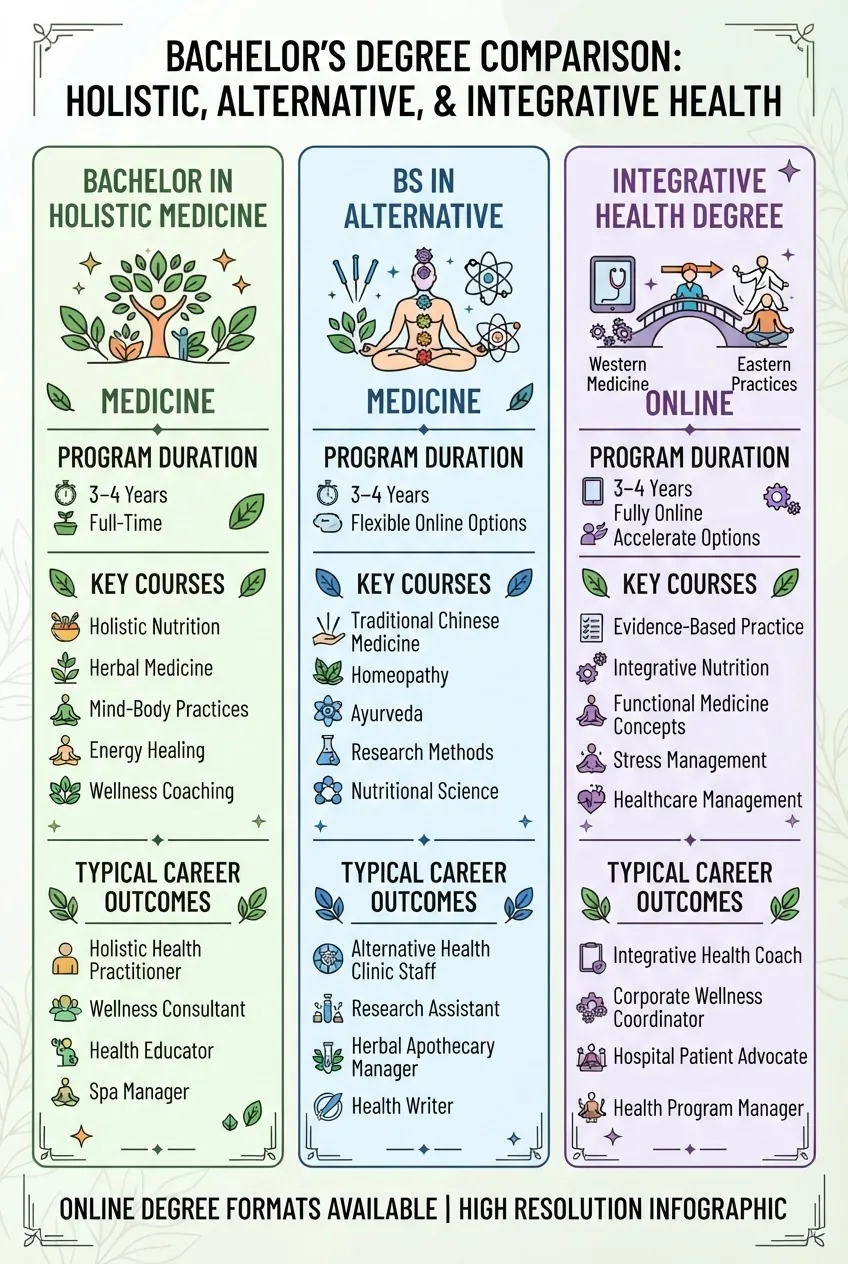 A clear three-column infographic comparing bachelors in holistic medicine, bachelor of science in alternative medicine, and integrative