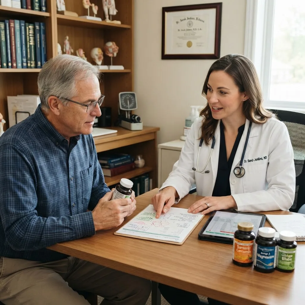 professional setting with a licensed healthcare practitioner discussing herbal supplements and medical charts with a mature male patient,