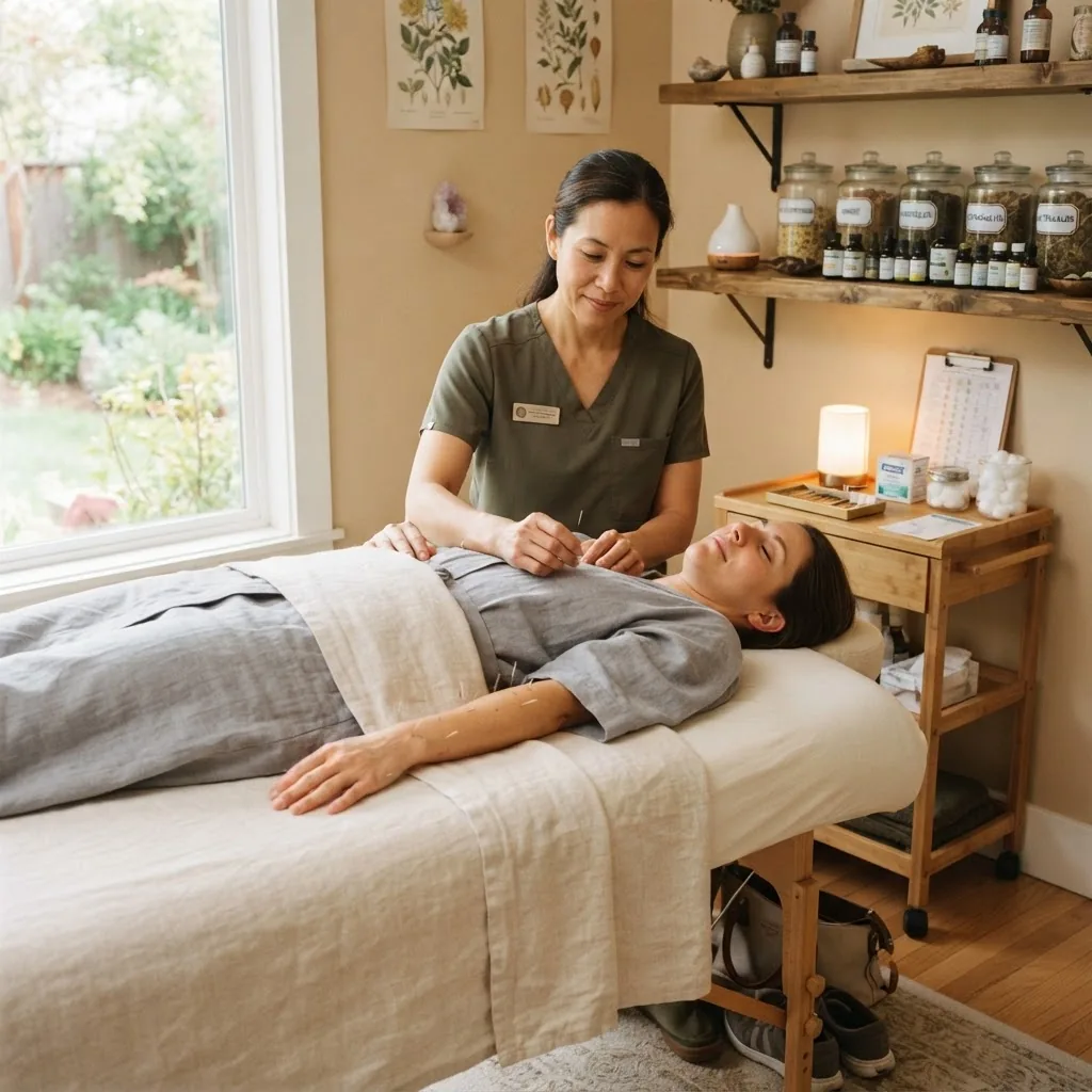 A warm, calm scene of a holistic therapy session including elements like acupuncture needles, herbal supplements, and a therapist with a