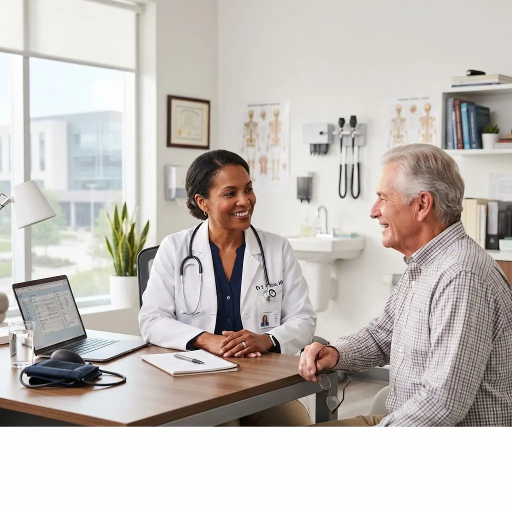 A bright, professional image of a modern clinical healthcare setting showing a diverse doctor consulting with a patient in a well-lit
