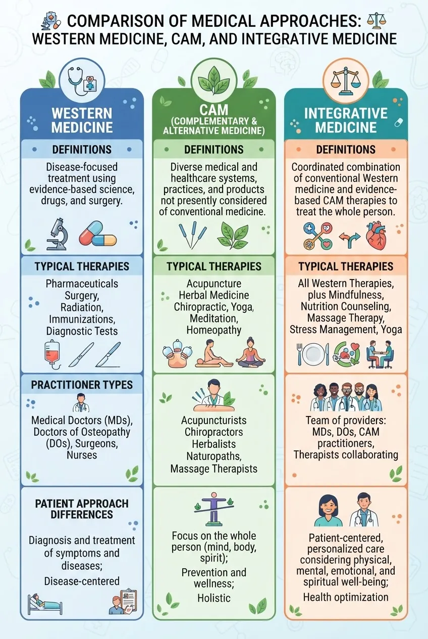 compares Western medicine, CAM, and Integrative medicine in three columns with icons and key features listed: definitions, typical