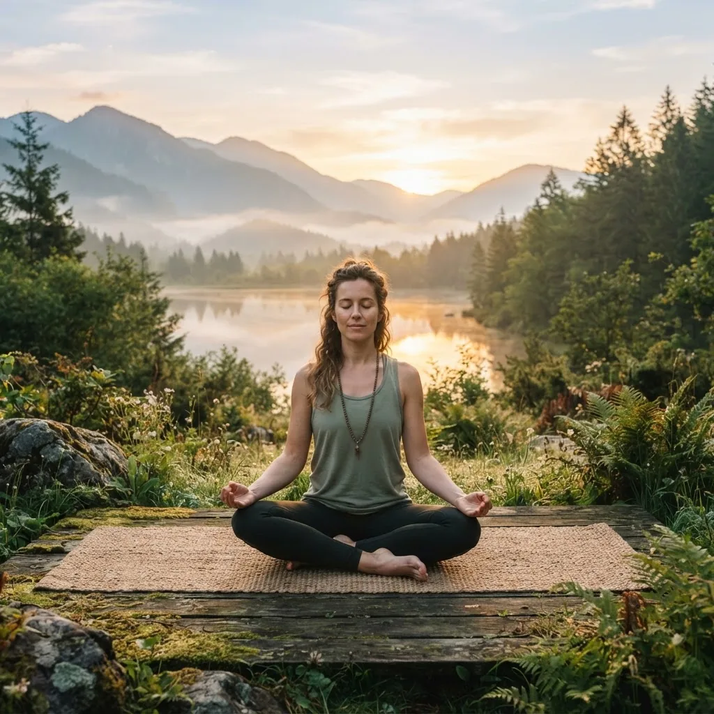 serene outdoor setting with a person practicing deep breathing exercises or yoga pranayama at sunrise, calm expression, soft golden light,