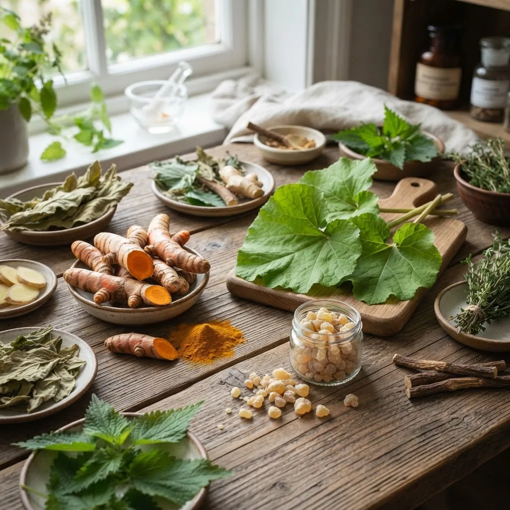 bright, natural scene showing a clear display of commonly used asthma and allergy herbs such as turmeric roots, butterbur leaves, and