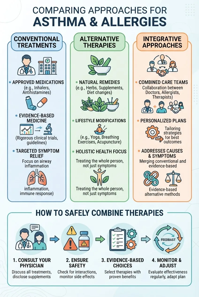 compares Conventional Treatments, Alternative Therapies, and Integrative Approaches for asthma and allergies in three columns with 3-4