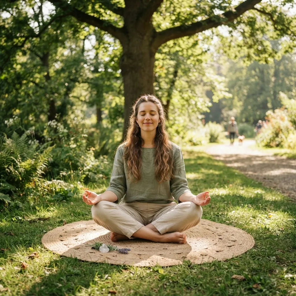 a person outdoors practicing deep breathing or mindfulness meditation in a sunny park surrounded by trees, peaceful and serene mood