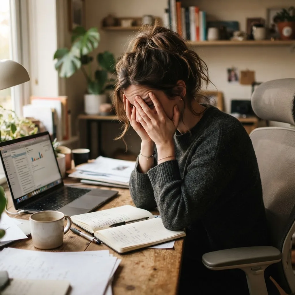 a young adult with visible signs of stress and fatigue sitting at a desk with head in hands, warm natural light, conveying overwhelmed