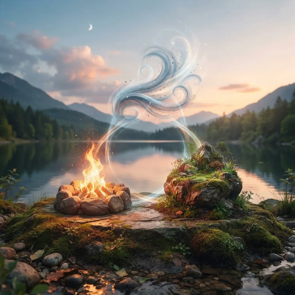 conceptual depiction of the three doshas as symbolic elements: Vata represented by air and light movement, Pitta by fire and heat, Kapha by