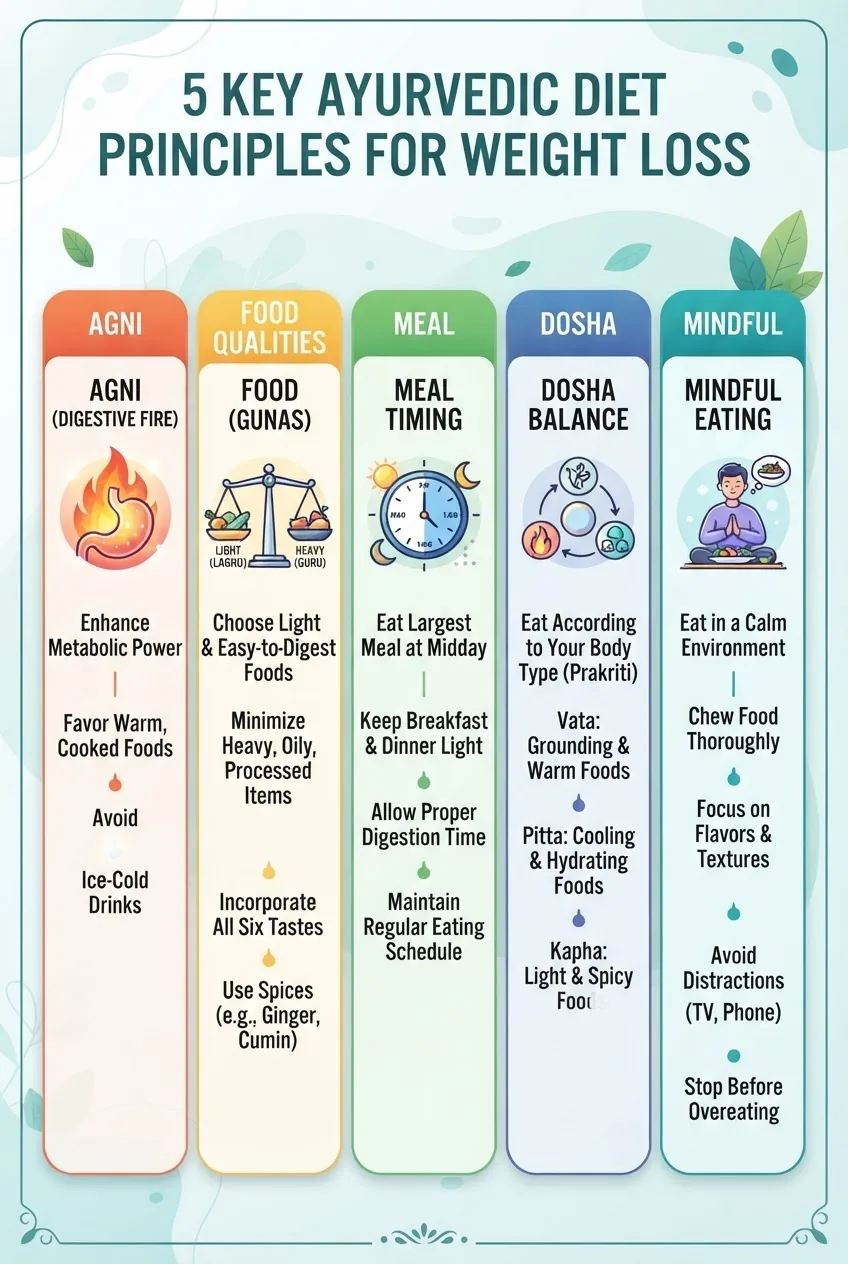 illustrates 5 key Ayurvedic diet principles for weight loss, each with an icon: Agni (digestive fire), food qualities (gunas), meal timing,