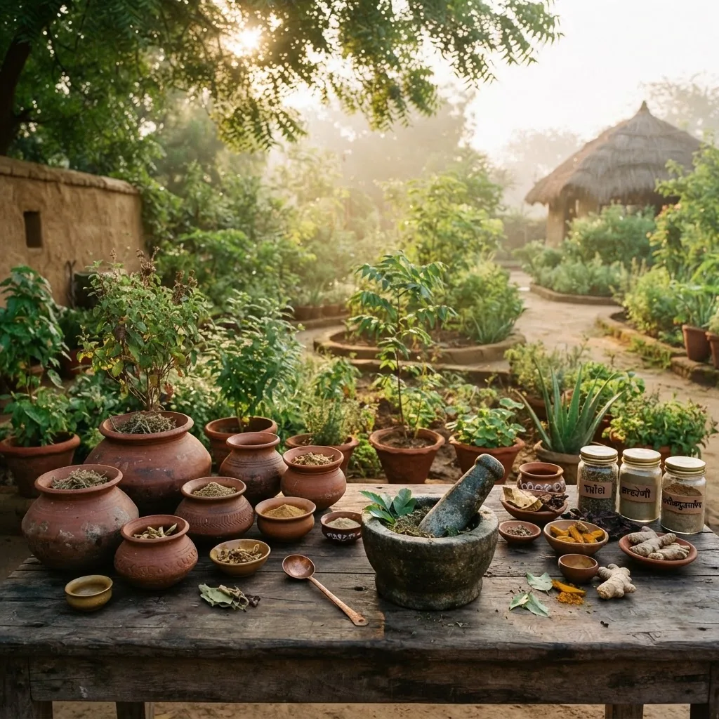A serene natural setting showing an Ayurvedic herbal plant garden with traditional Indian clay pots and mortar and pestle on a wooden table