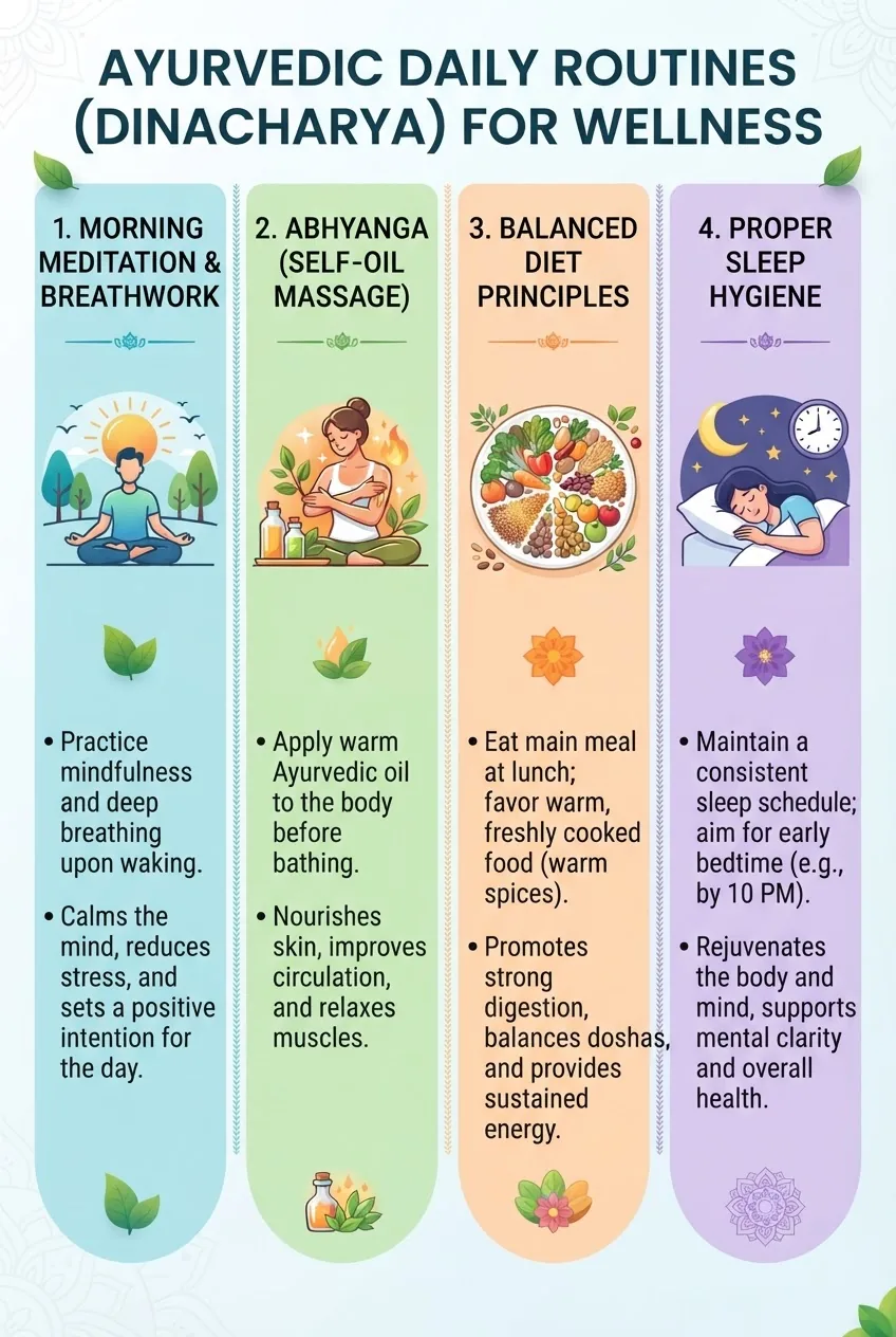 is split into four vertical sections showing Ayurvedic daily routines: morning meditation, oil massage, balanced diet principles, and