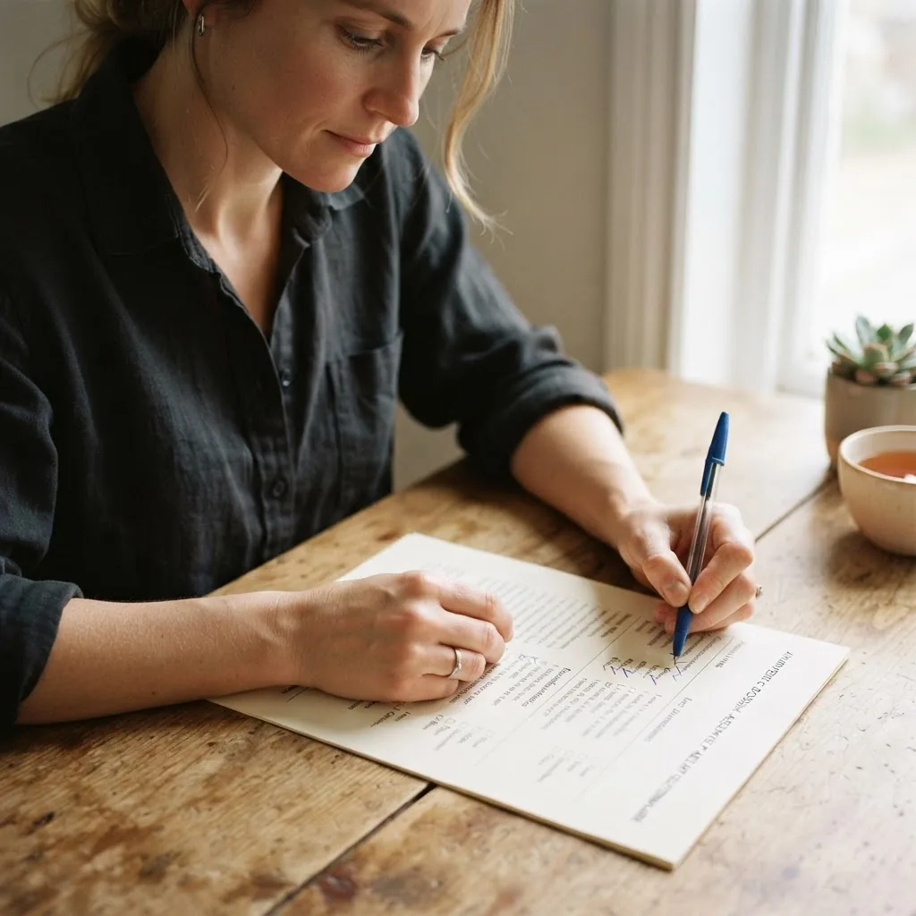 A detailed close-up of a person thoughtfully completing a printed Ayurvedic dosha questionnaire at a wooden table, natural light coming