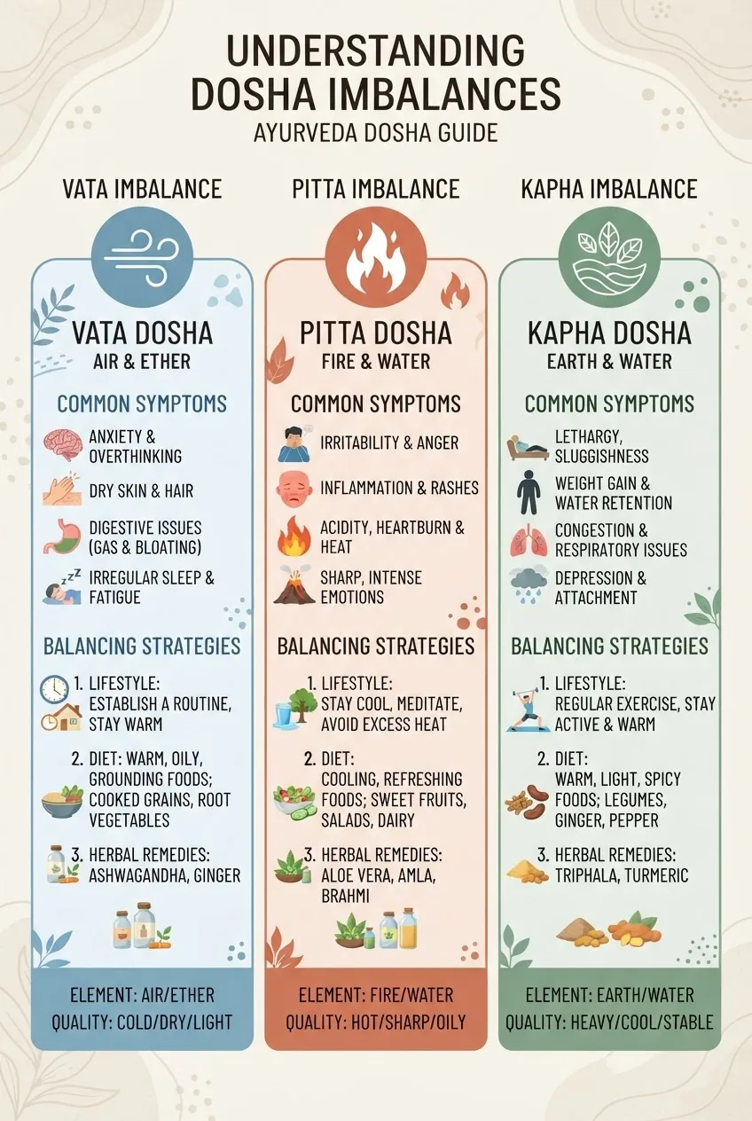 A three-column infographic comparing Vata, Pitta, and Kapha dosha imbalances; each column features an icon representing the dosha, lists 4