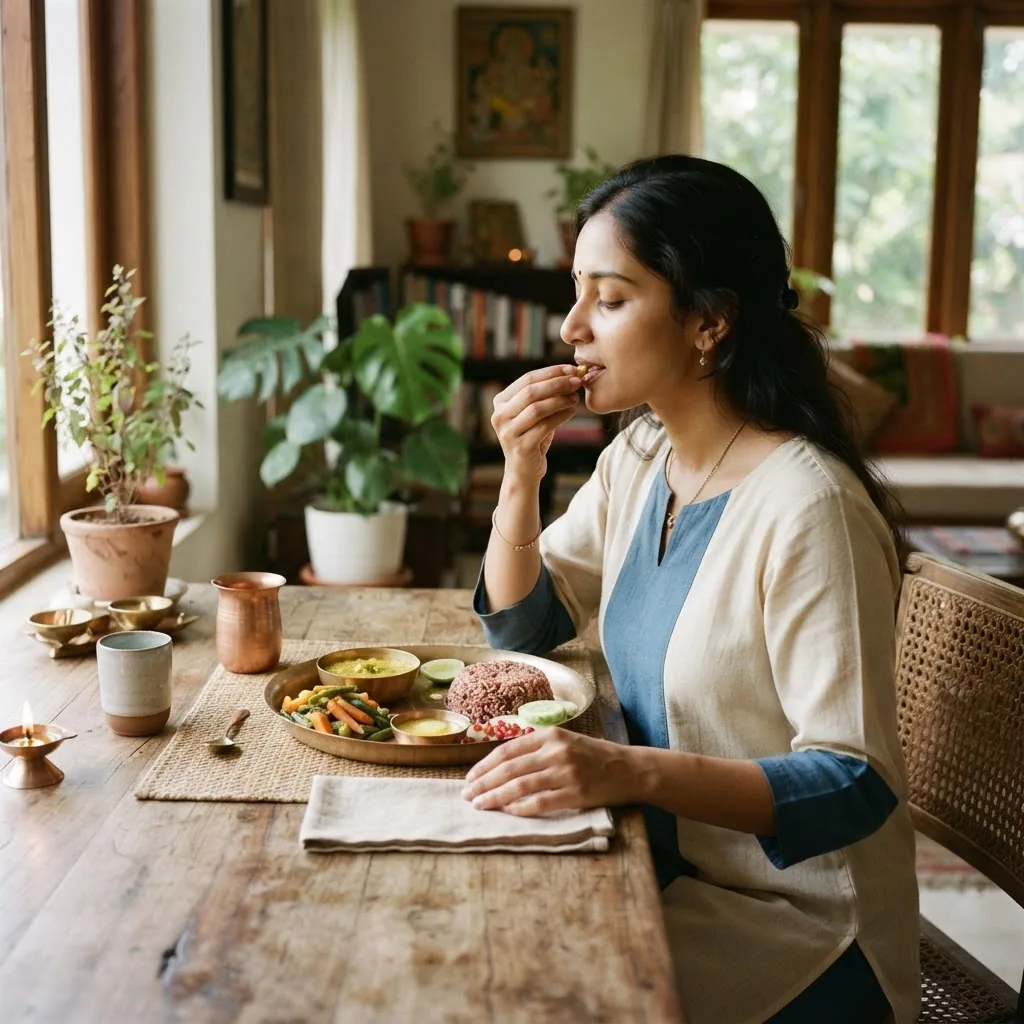 Peaceful morning meal setting with a person eating mindfully at a traditional wooden table with natural light, showing simple, colorful