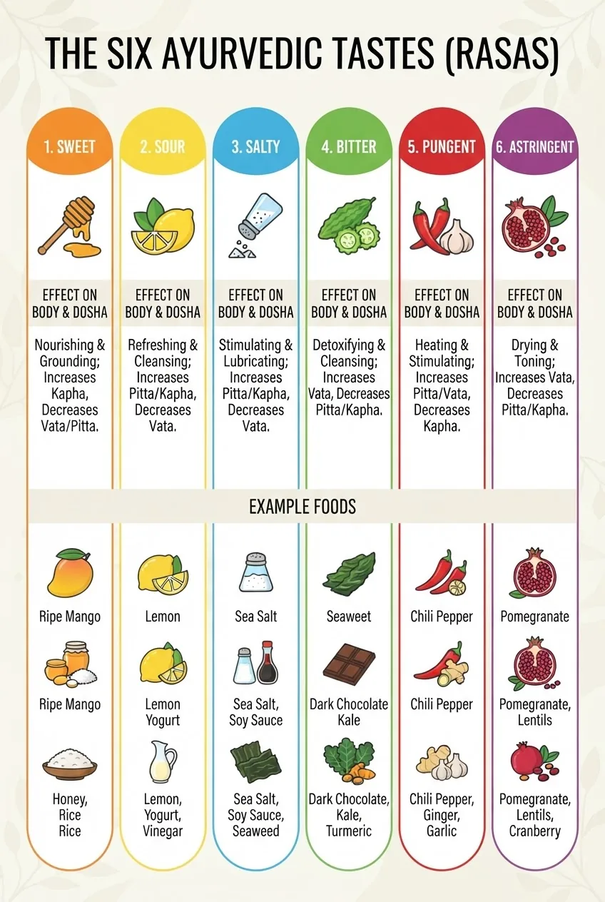 shows six columns labelled sweet, sour, salty, bitter, pungent, astringent with an icon for each, a one-line description of the taste