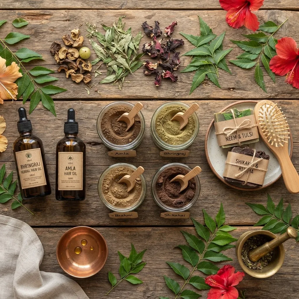 A flat lay image of common Ayurvedic hair care products including herbal powders (amla, bhringraj), bottles of hair oil, dried herbs, and
