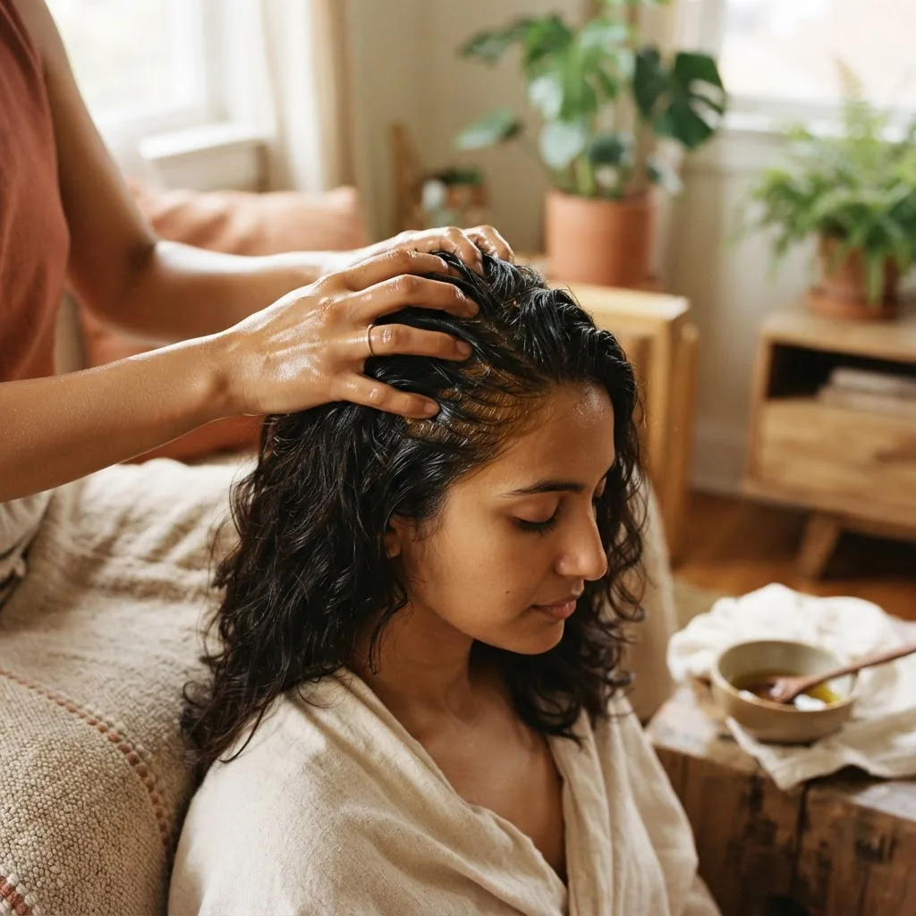 A close-up photo of hands performing a traditional Ayurvedic scalp massage with herbal oil on a person’s head in natural light, warm earthy