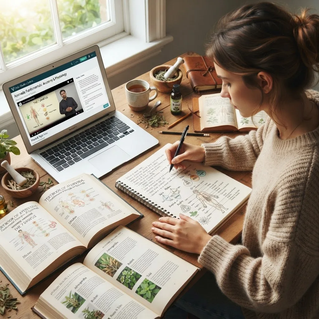 a student studying Ayurvedic anatomy and herbs, open textbooks and handwritten notes visible, casual learning environment, with a laptop