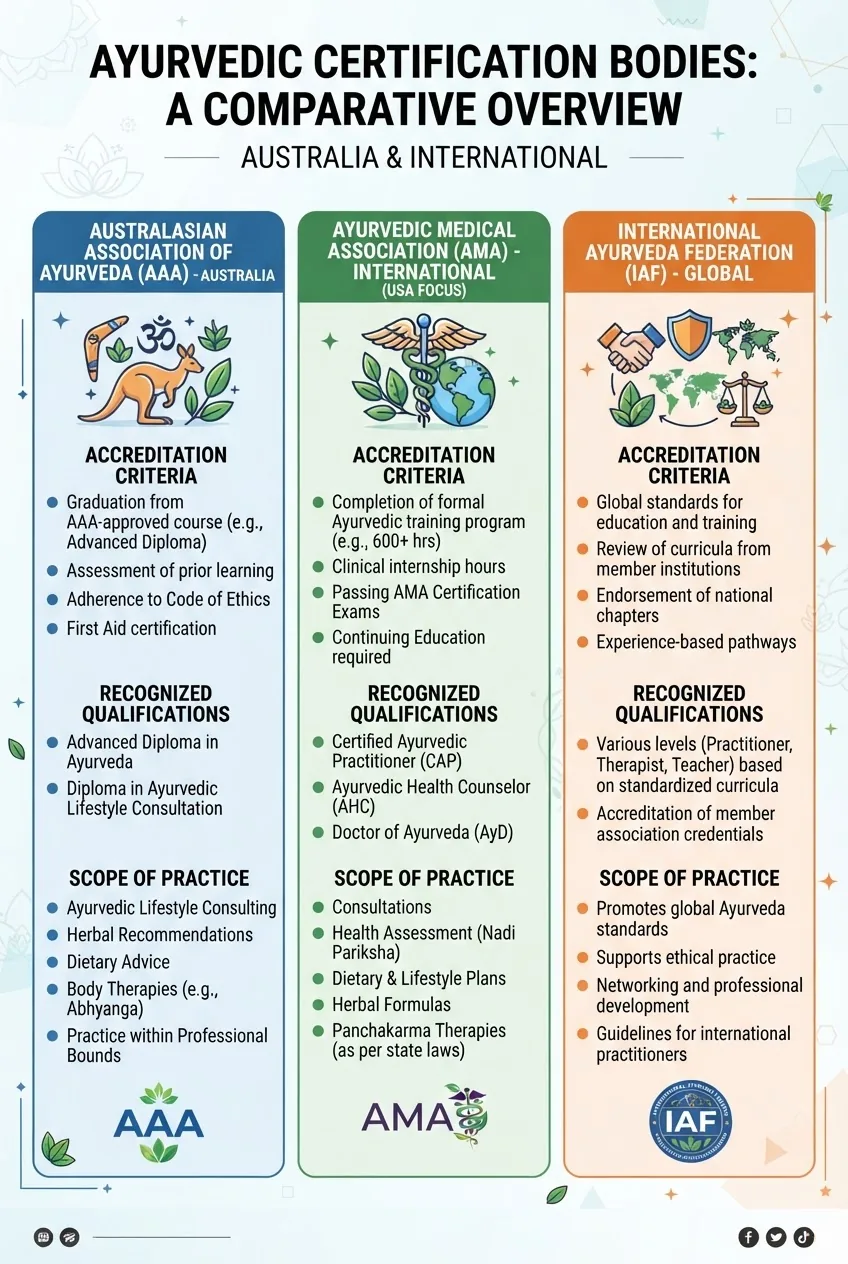 arranged in a three-column layout comparing major Ayurvedic certification bodies in Australia and internationally, each column with an