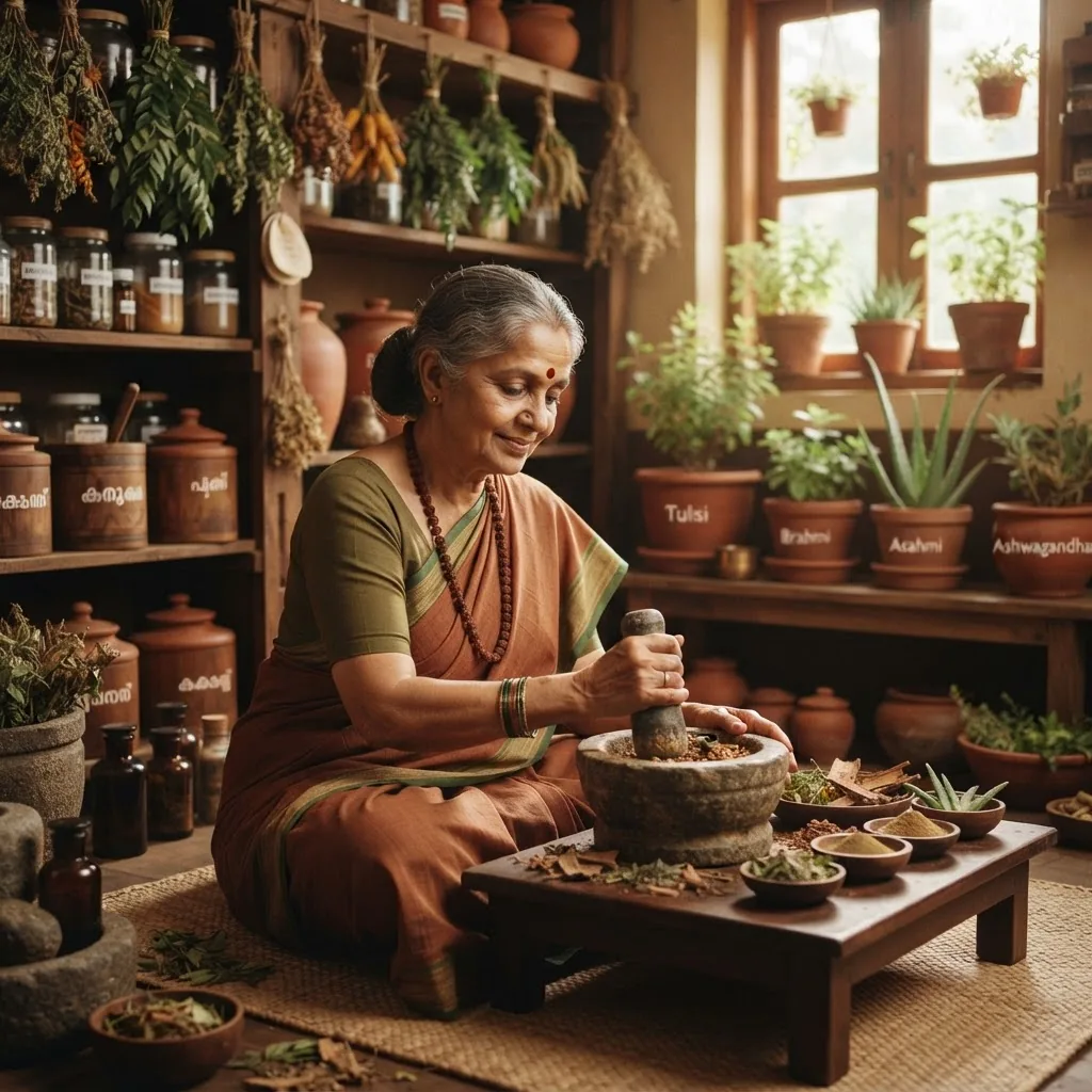 A serene scene of a traditional Ayurvedic practitioner preparing herbal medicines with mortar and pestle, surrounded by potted herbs