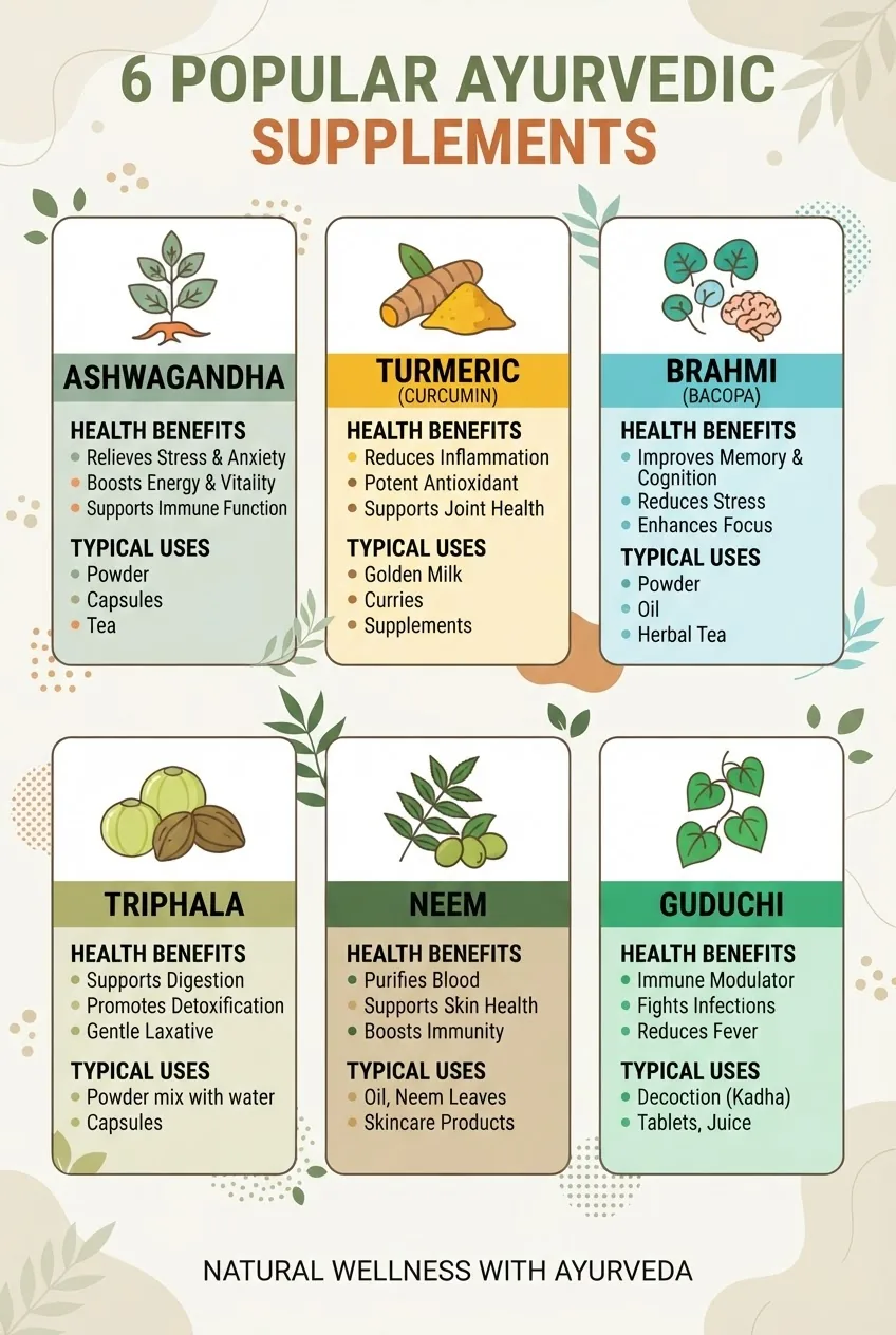An infographic showing 6 popular ayurvedic supplements arranged in two rows, each with a simple icon of the herb, its name, primary health