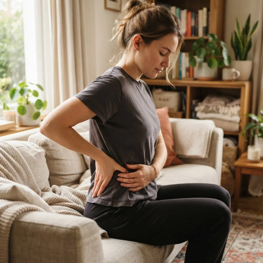a person applying acupressure with thumbs on lower back area, relaxed home setting, warm tones, focus on hands and lower back region