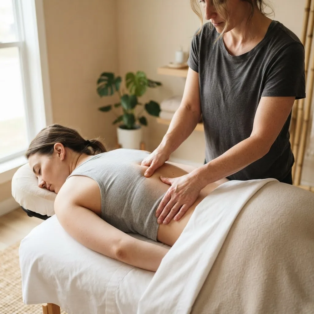 hands performing acupressure on a person's mid-back, with natural lighting, clear skin textures, and neutral background, demonstrating
