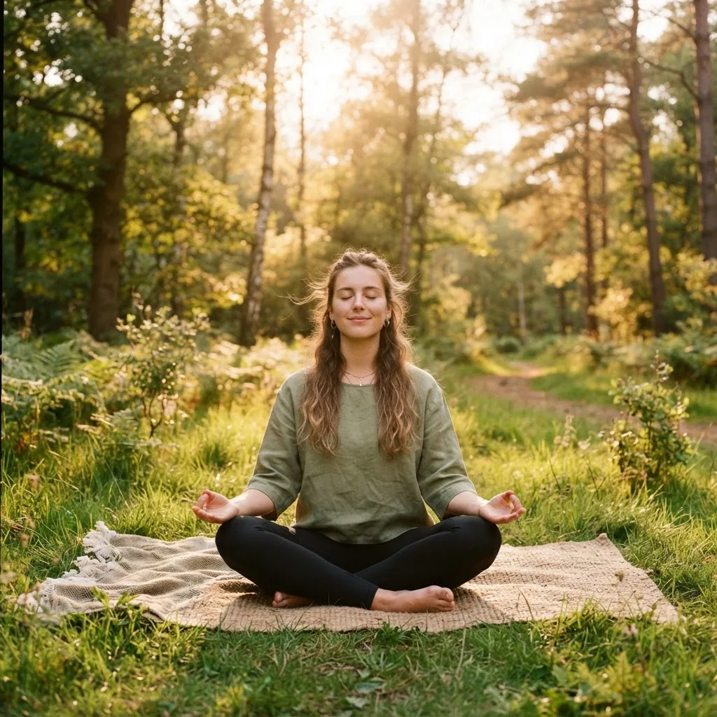 a person meditating outdoors in nature during golden hour, sitting cross-legged on grass, eyes closed, radiating calm and mindfulness,
