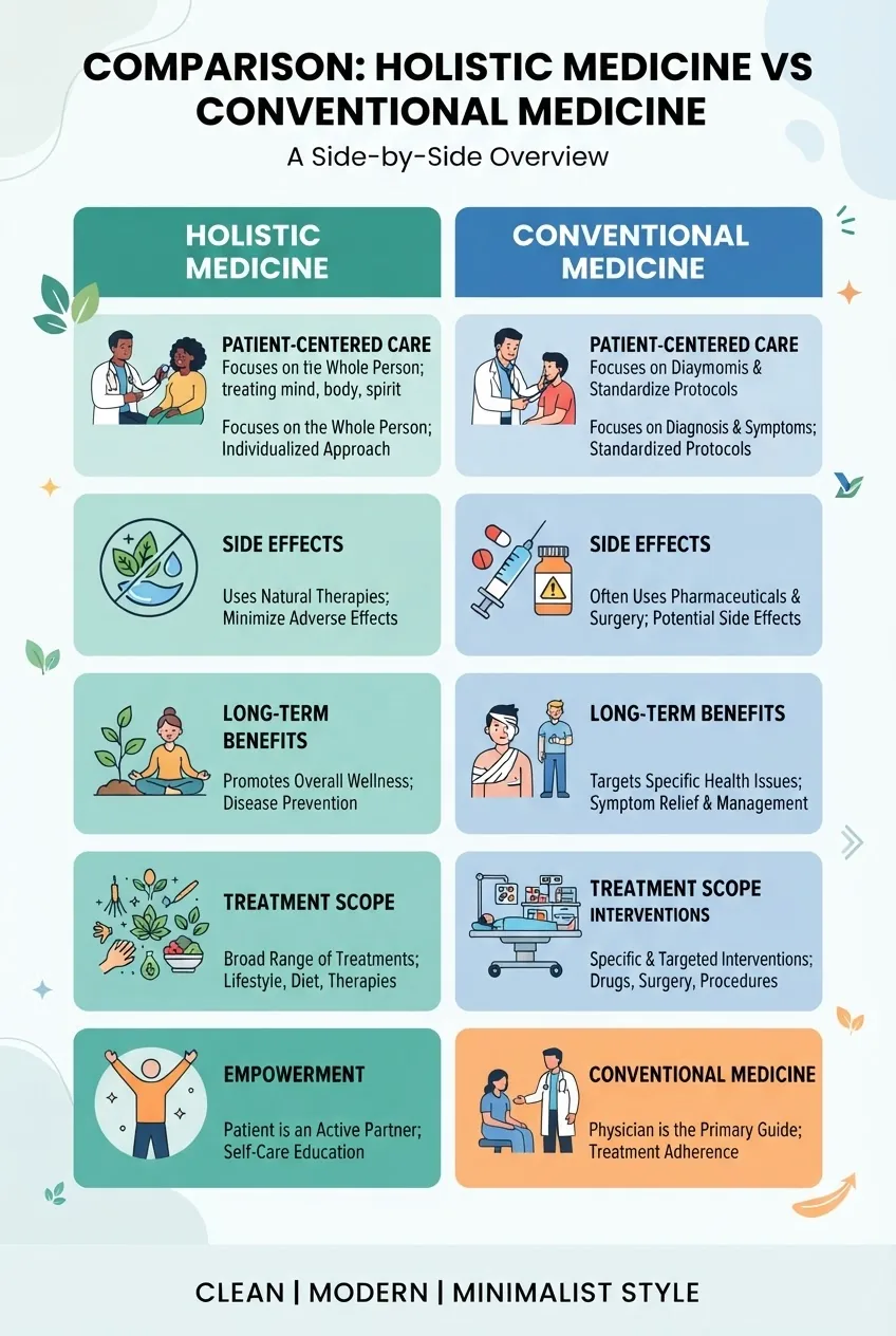compares Holistic Medicine and Conventional Medicine side-by-side. Two columns with five key points and icons: patient-centered care, side