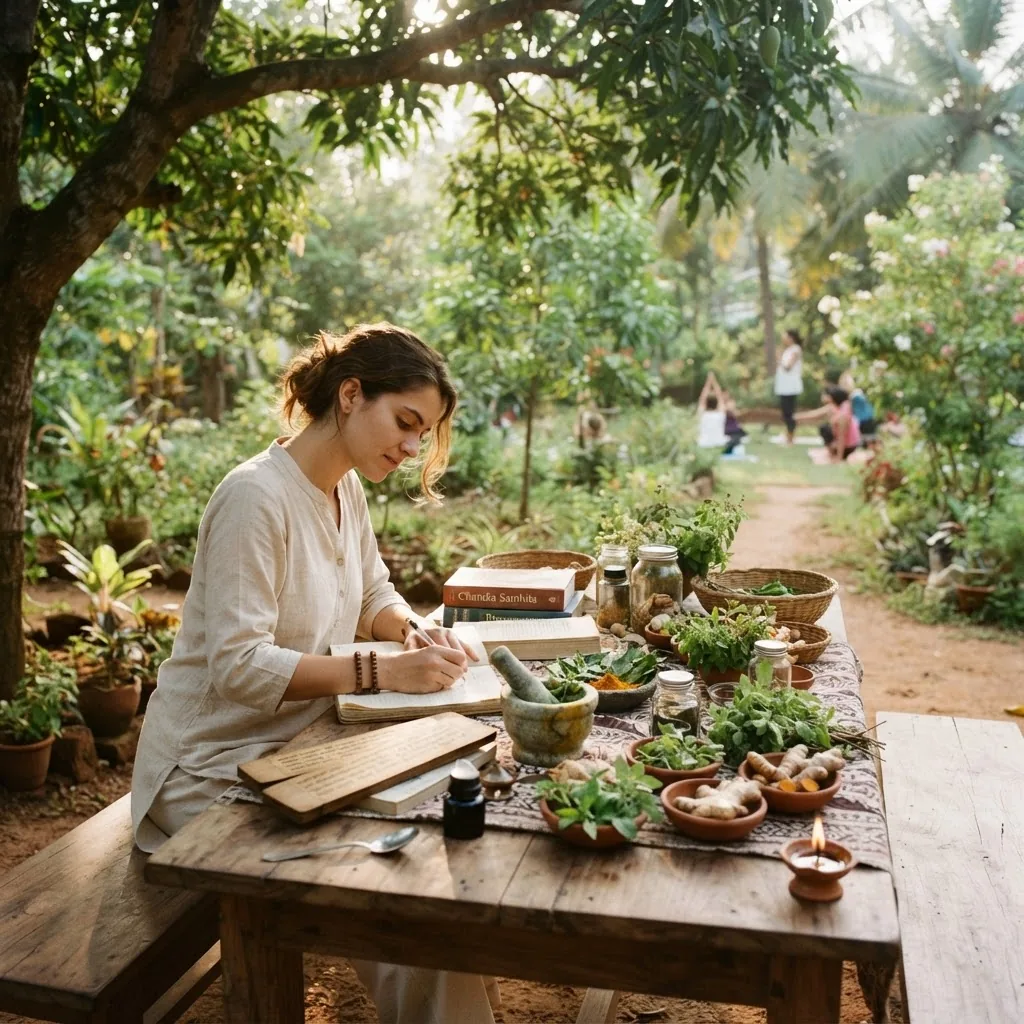 A serene natural setting with Ayurveda herbs, mortar and pestle, Ayurvedic texts, and a person taking notes, soft sunlight, conveying